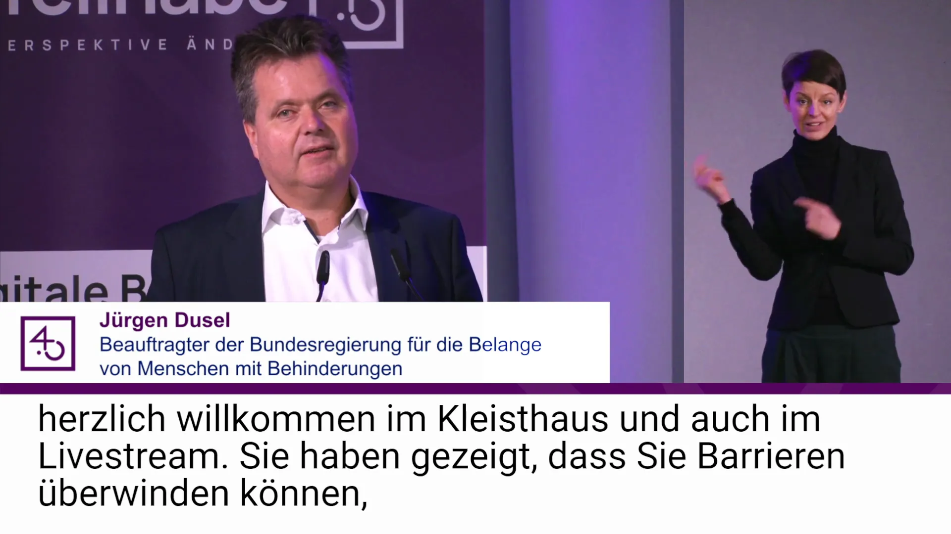 Videostream Ansicht mit Sprecher, Dolmetscher und Untertitel