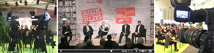 Videoproduktion beim CeBIT Media WrapUp: Kameras, Panel-Diskussion und Publikum auf der Deutschen Messe Hannover