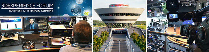 Collage: 3DEXPERIENCE Forum Livestream in Leipzig – Regieraum, Messegebäude und Bühnenkamera bei Dassault-Veranstaltung