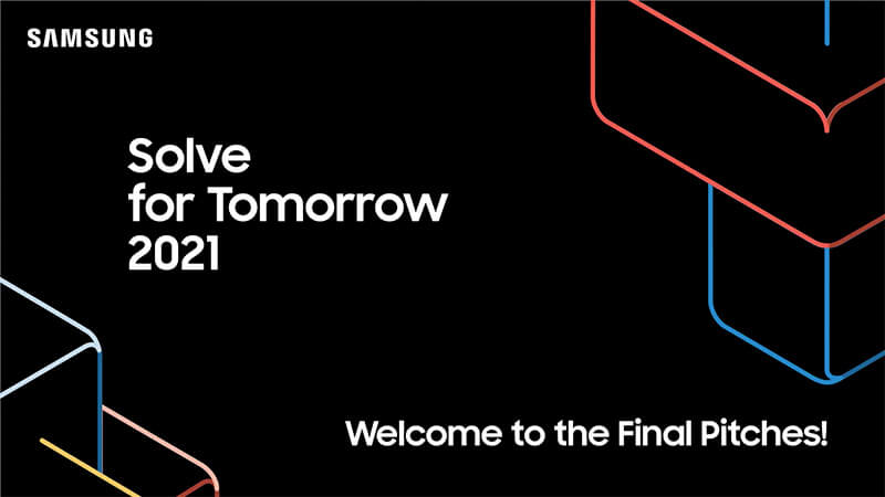 6 Samsung Solve for Tomorrow 2021 Welcome to the Final Pitches auf schwarzem Hintergrund mit bunten geometrischen Formen