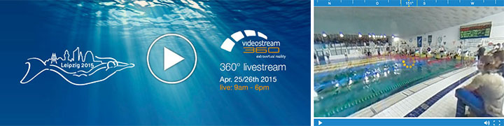 Werbebanner 360° Livestream Finswimming Worldcup Leipzig 2015 mit Unterwasser-Grafik und Hallenbad-Szene