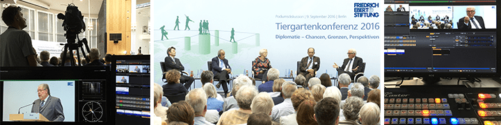 Collage Livestream-Produktion, Podiumsdiskussion und Videoschnitt der Tiergartenkonferenz 2016 der Friedrich-Ebert-Stiftung in Berlin