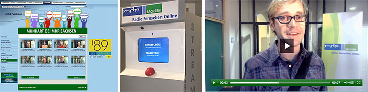 Collage aus MDR Sachsen Livestream-Interface, Streambuzzer-Kiosk und Moderator-Video mit Play-Button