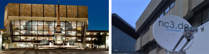 Gewandhaus Leipzig bei Nacht mit NC3 HD Livestream Satellitenschüssel
