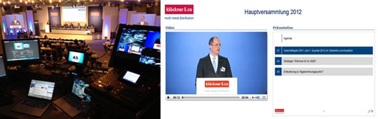 Screenshot des Livestreams der Klöckner Hauptversammlung 2012 mit Regieraum und Video-Player
