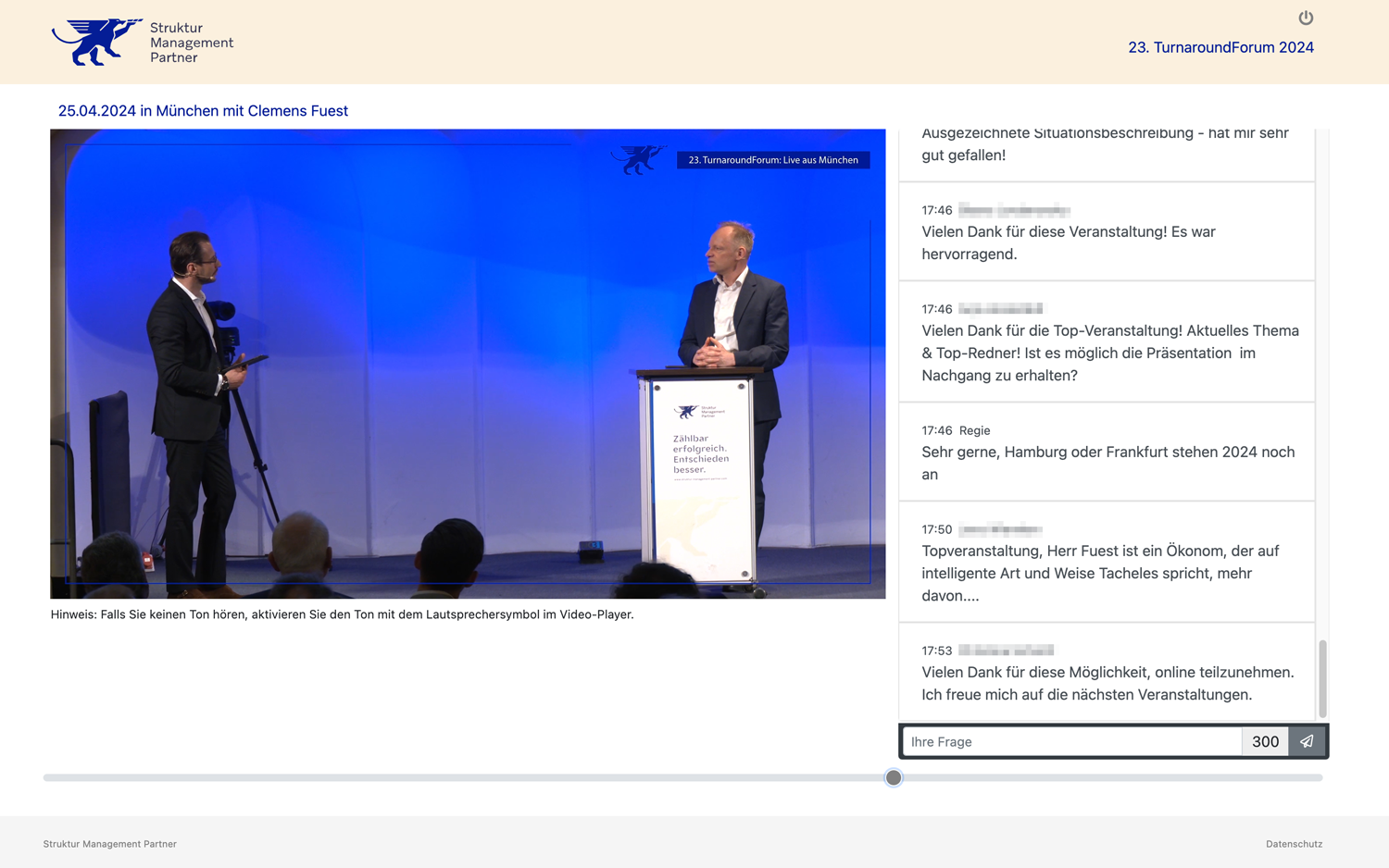 TurnaroundForum München Livestream — Microsite mit Videoplayer und Q&A-Tool