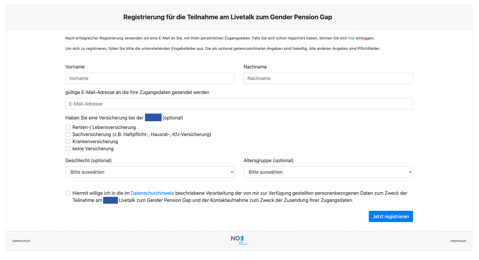 Registrierungsformular für den Livetalk zum Gender Pension Gap mit Eingabefeldern für Name, E-Mail und optionale Angaben