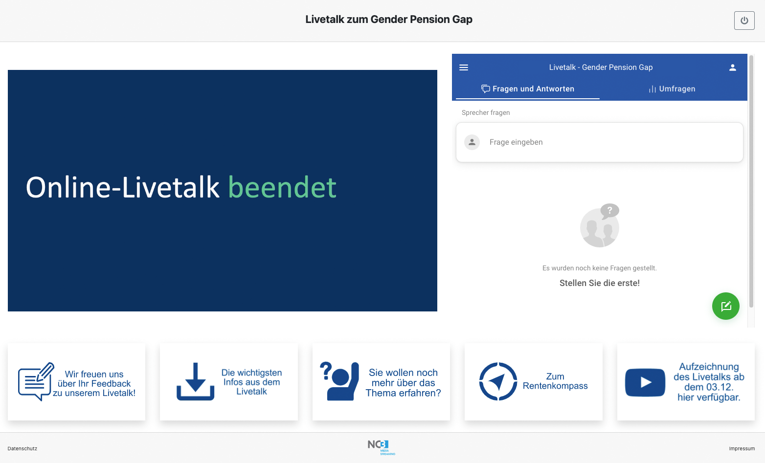 Screenshot Videoplayer-Chat-Ansicht eines beendeten Livetalks zum Gender Pension Gap mit NC3 Streaming