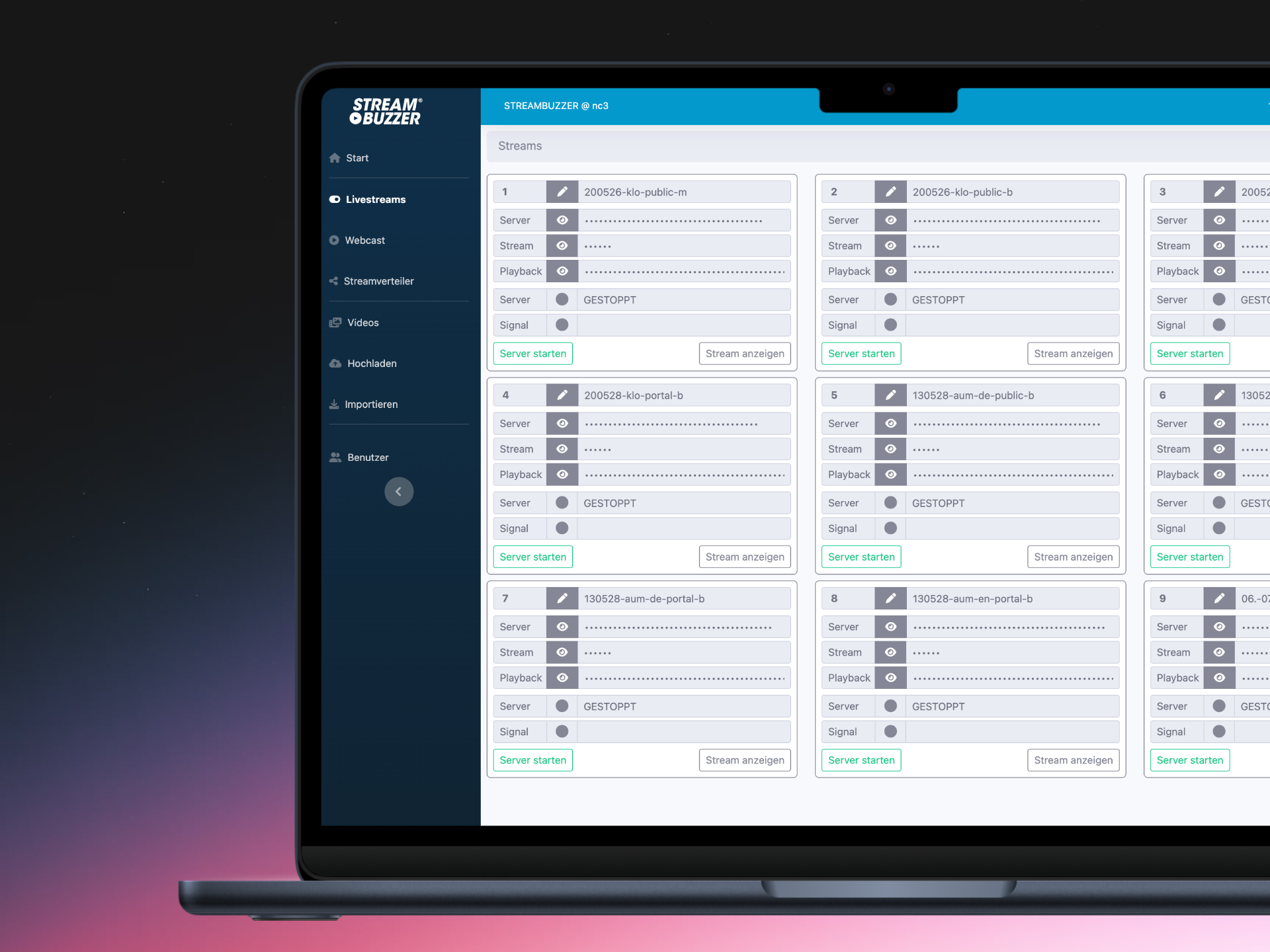 Streambuzzer Dashboard mit Livestream-Kanälen