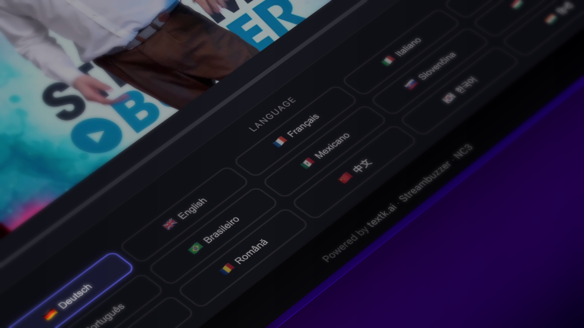 Sprachauswahl-Interface für KI-Dolmetschung mit Flaggen für Deutsch, Englisch, Französisch, Italienisch, Koreanisch und weitere Sprachen auf einem Event-Screen von NC3 und textk.ai